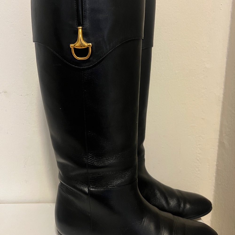 Gucci Black Leather Boots with Gold Accent